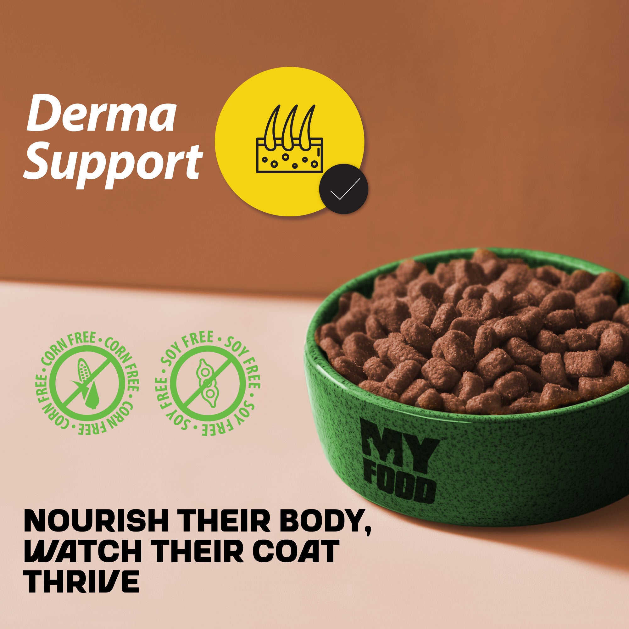 A bowl of MyFood's dry dog food next to promotional texts and graphics about its health contents.