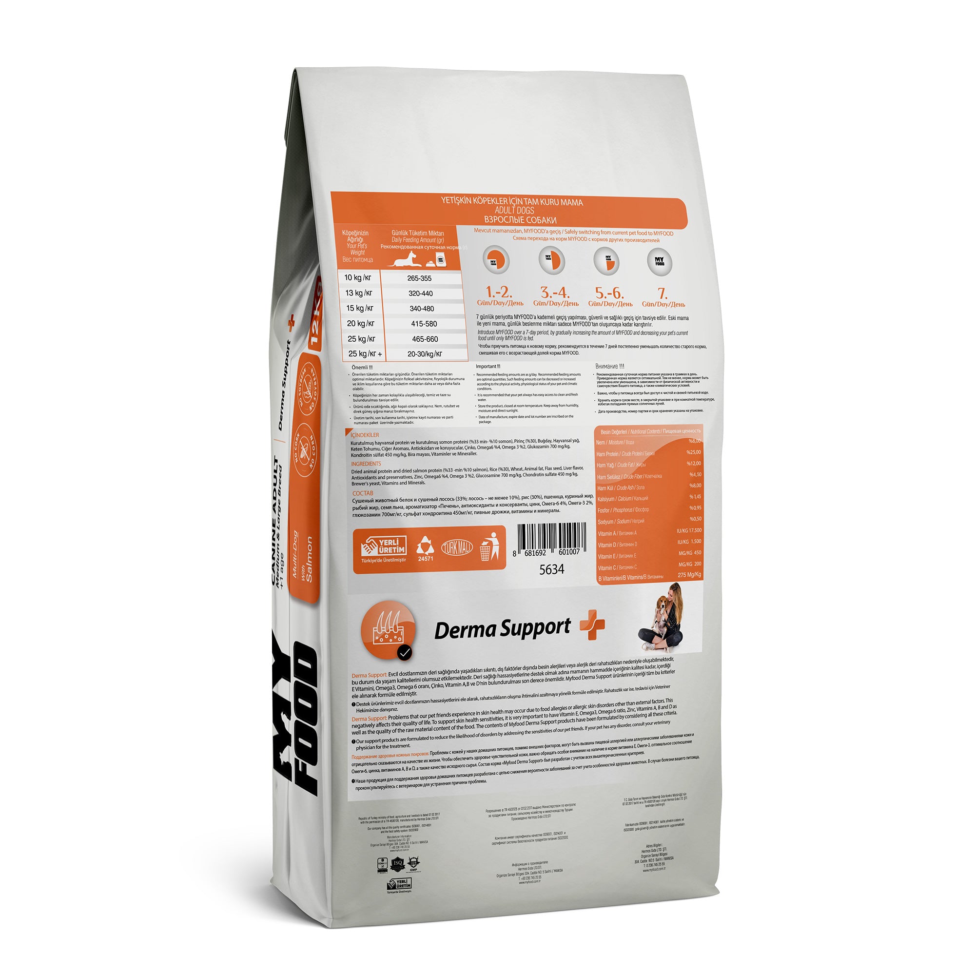The back of a bag of MyFood's dry dog food for medium and large breeds, with derma support and salmon flavor, detailing its daily feed guide, composition and more.