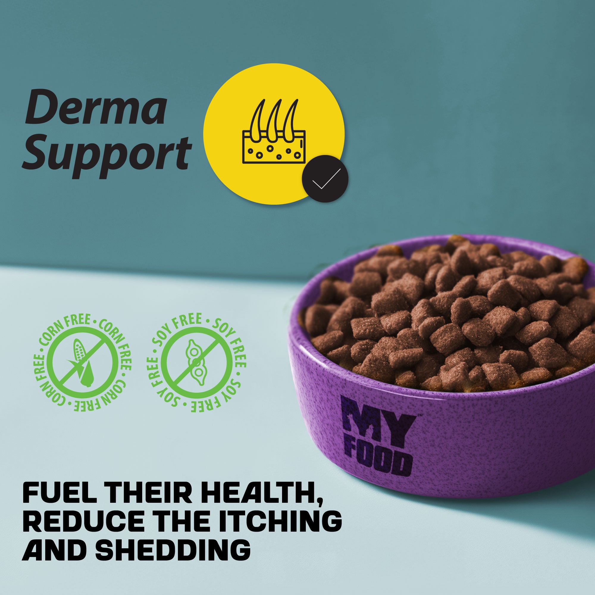 A bowl of MyFood dry dog food with promotional text and information about Derma Support food.