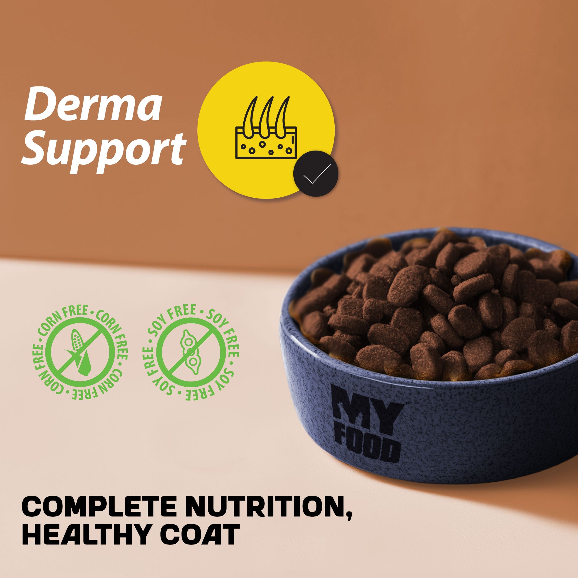 A bowl of MyFood dry dog food with promotional text and information about Derma Support food.