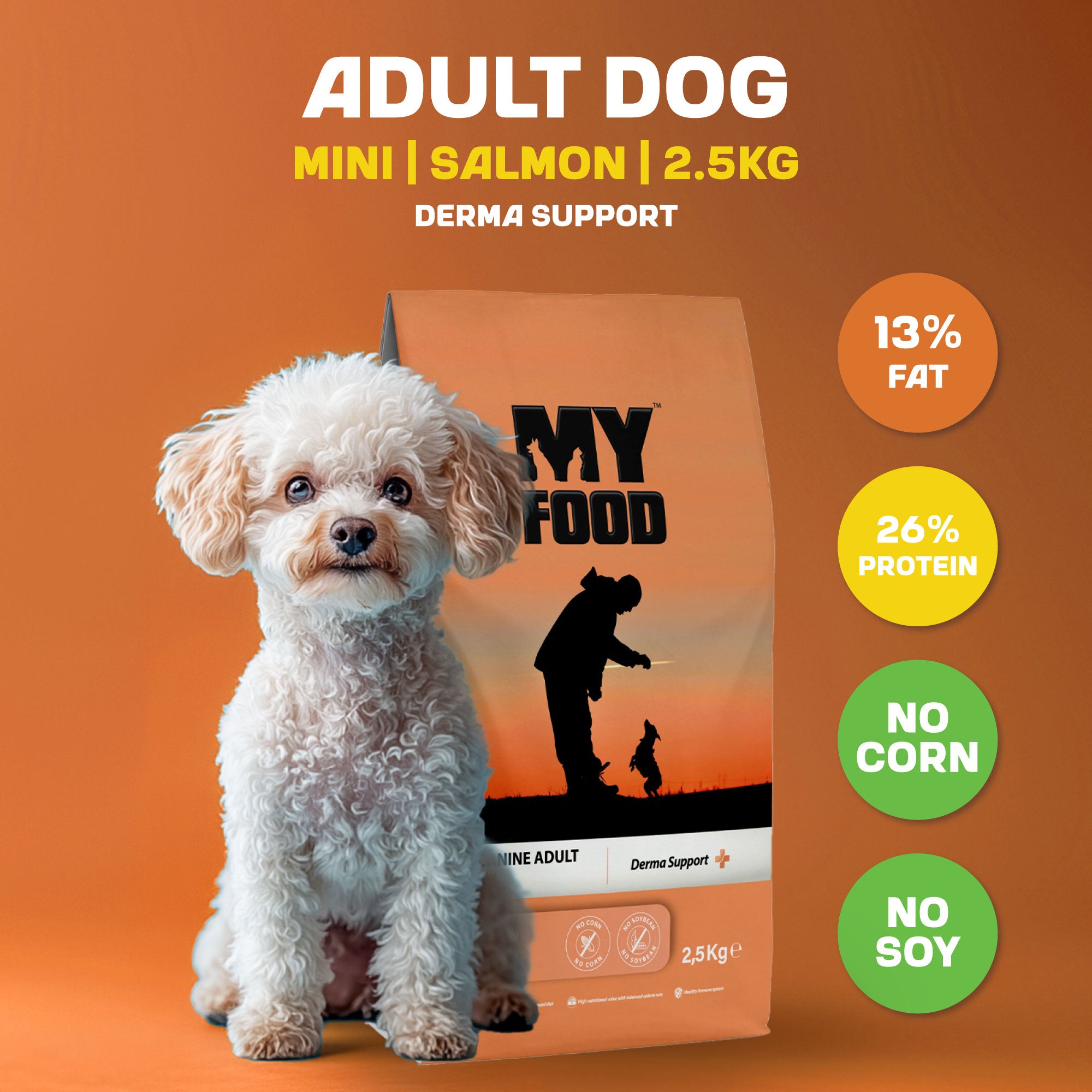 A white, frizzy-haired dog sitting next to a 2.5kg bag of MyFood's dry dog food for mini breeds with derma support and salmon flavor, with infographics next to it showing its fat and protein contents, and more.