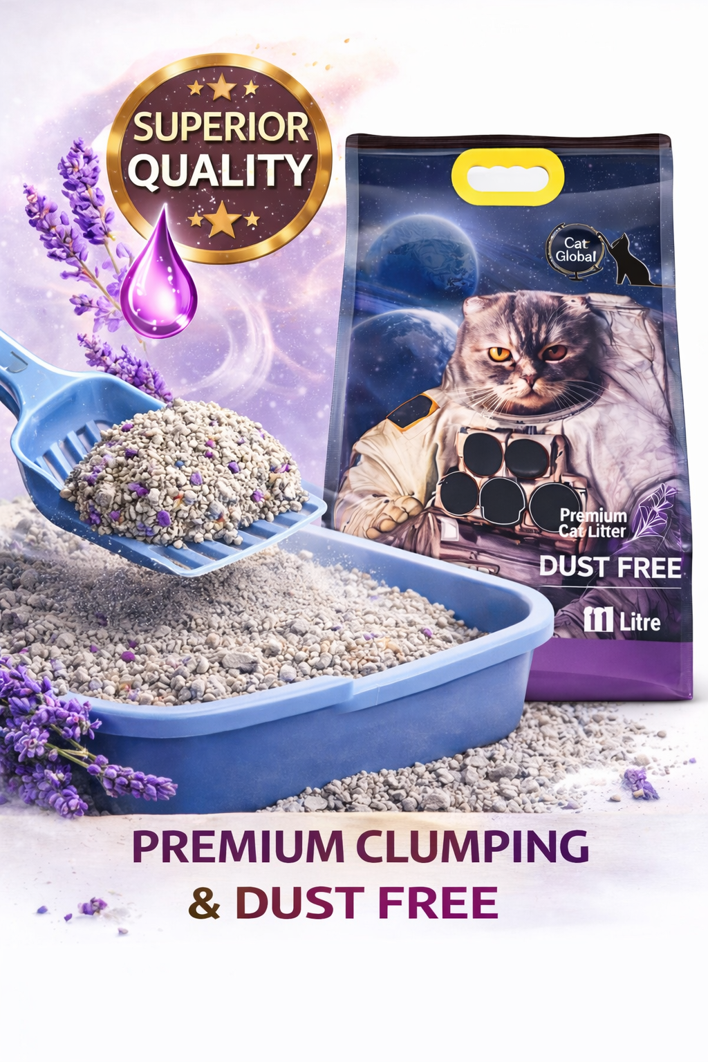 Cat Global 10L |Lavender | Bentonite Sand | Fast Clumping | Low Dust | Odor Control