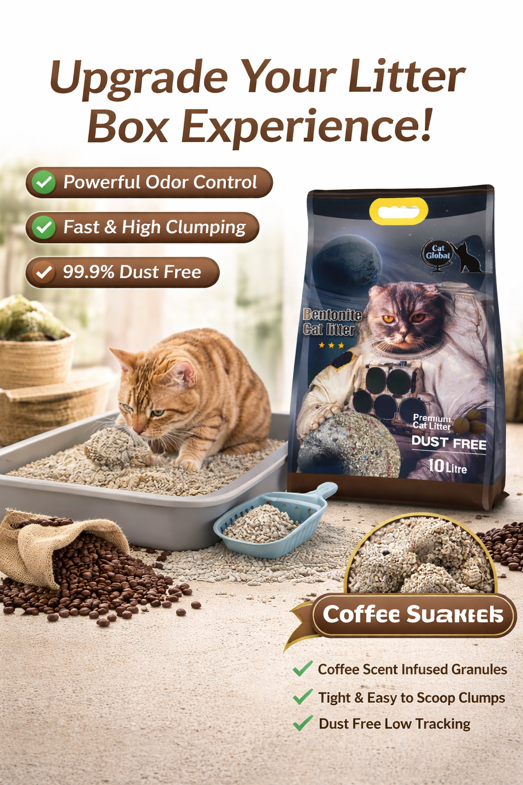 Cat Global 10L | Coffee | Bentonite Sand | Fast Clumping | Low Dust | Odor Control