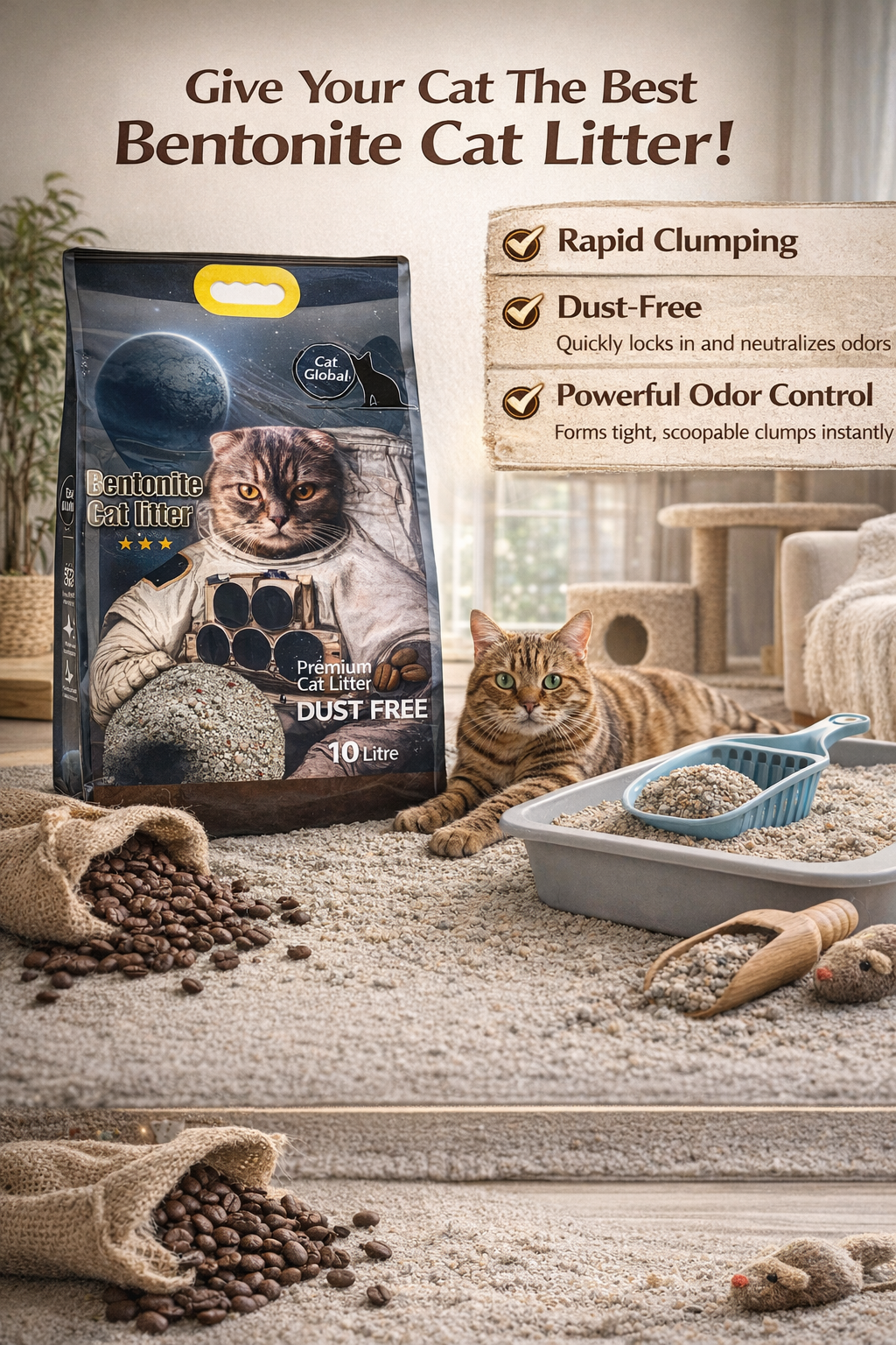 Cat Global 10L | Coffee | Bentonite Sand | Fast Clumping | Low Dust | Odor Control