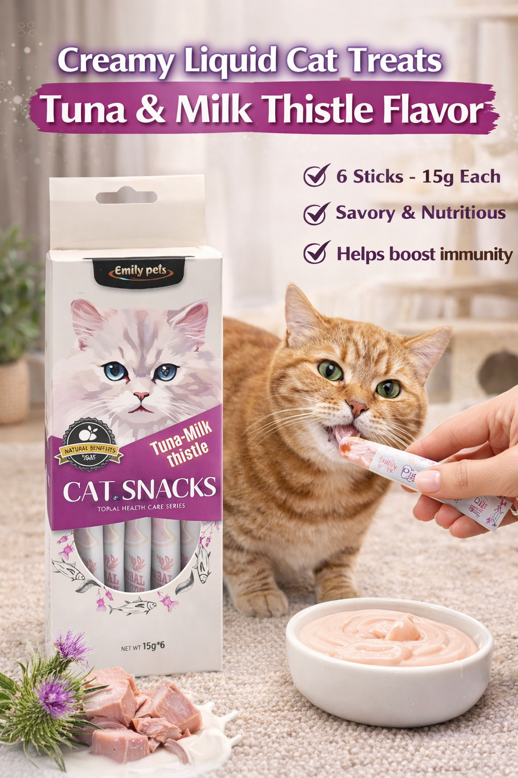 Lickable Creamy Treats 15g x 6 Pcs | Tuna & Milk Thistle Liquid Snack