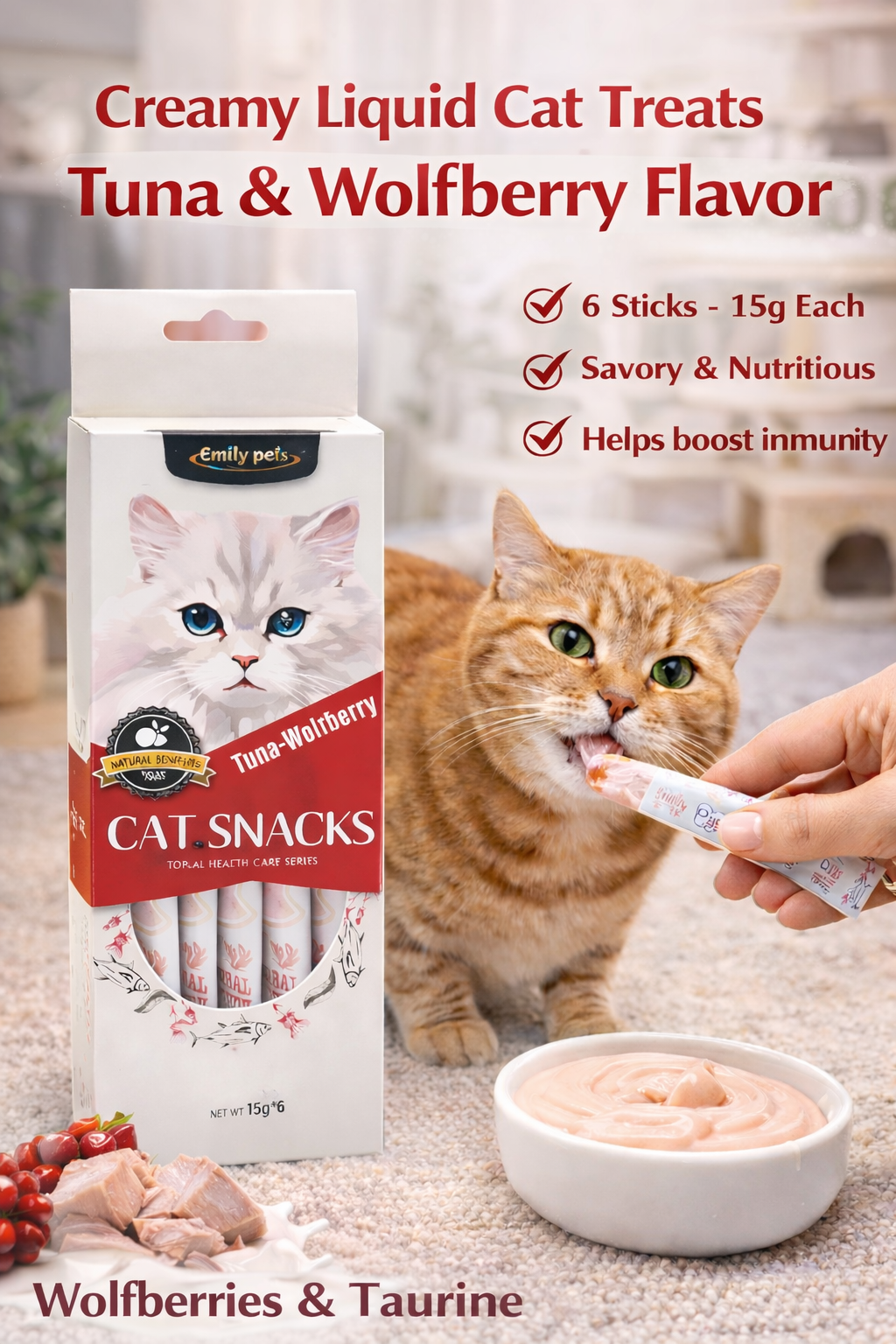 Lickable Creamy Treats 15g x 6 Pcs | Tuna & Wolfberry Liquid Snack