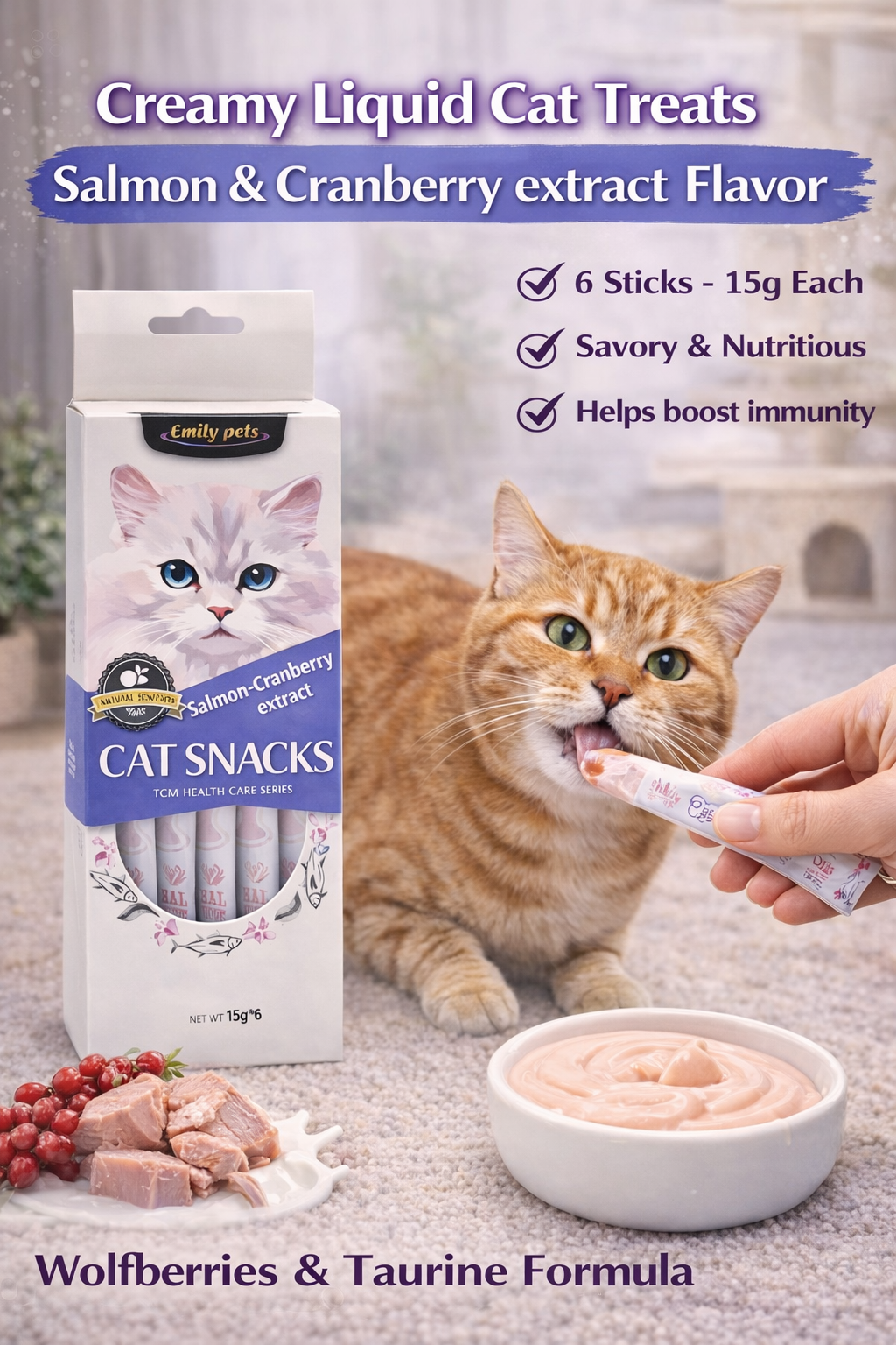 Lickable Creamy Treats 15g x 6 Pcs | Salmon & Cranberry Liquid Snack