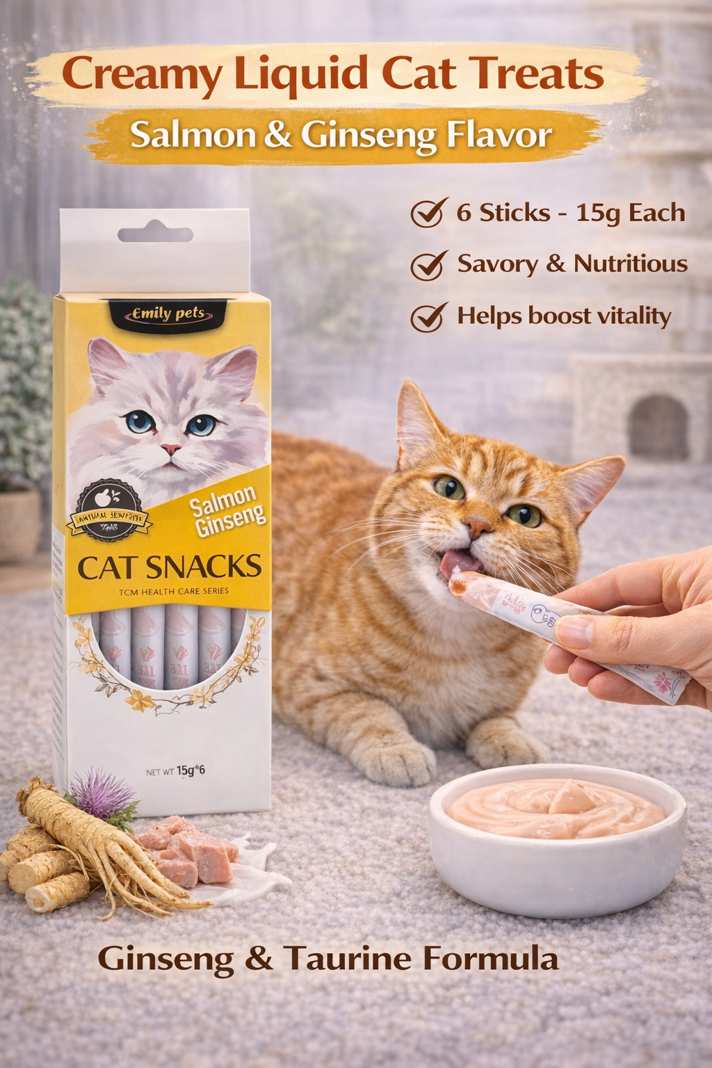 Lickable Creamy Treats 15g x 6 Pcs | Salmon & Ginseng Liquid Snack