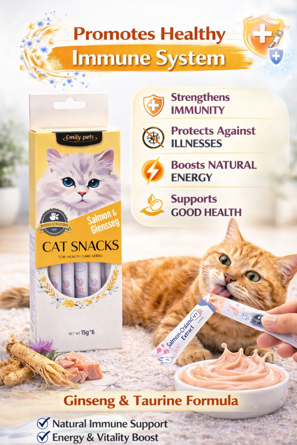 Lickable Creamy Treats 15g x 6 Pcs | Salmon & Ginseng Liquid Snack