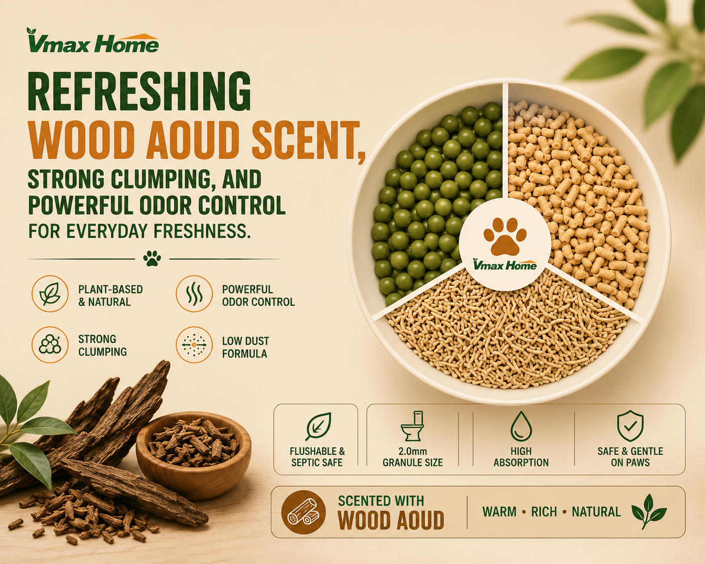 Vmax Home 7L | Oud Wood | Tofu Cat Litter | Clumping | Odor Control