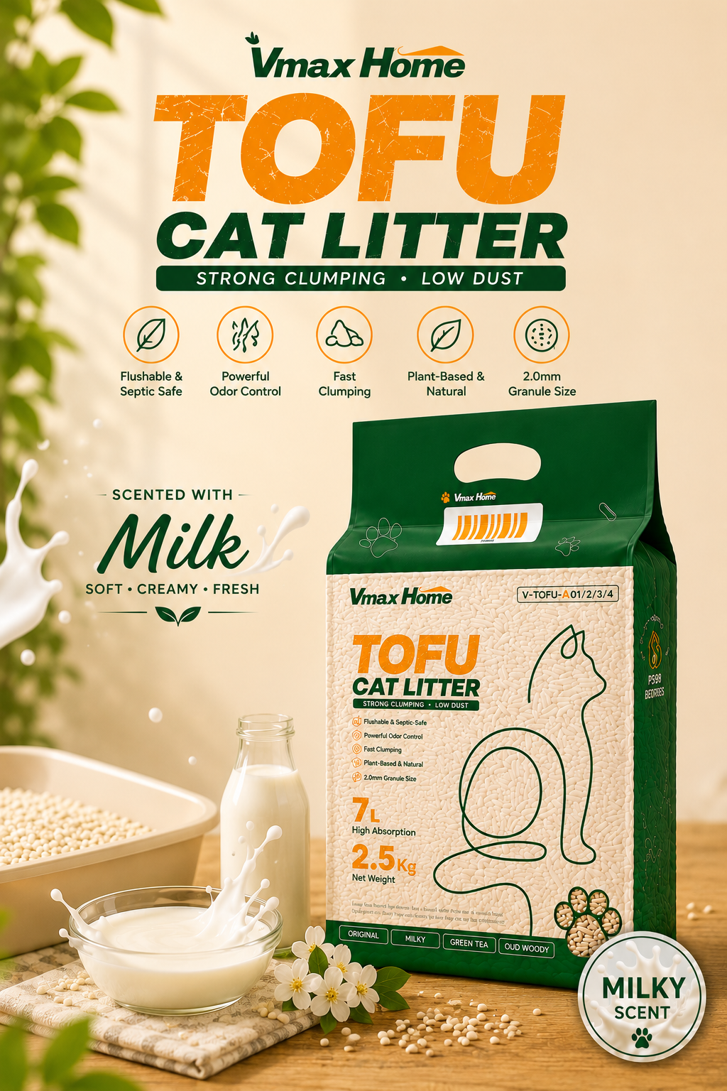 Vmax Home 7L | Milk | Tofu Cat Litter | Clumping | Odor Control