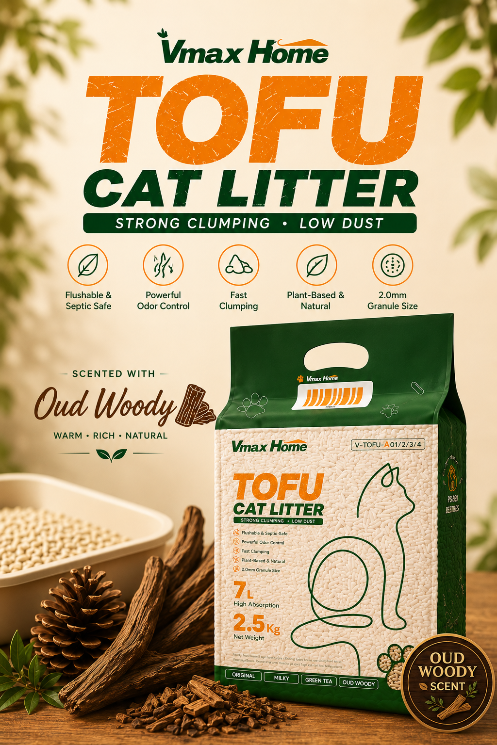 Vmax Home 7L | Oud Wood | Tofu Cat Litter | Clumping | Odor Control