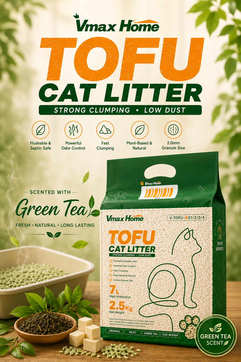 Vmax Home 7L | Green Tea | Tofu Cat Litter | Clumping | Odor Control