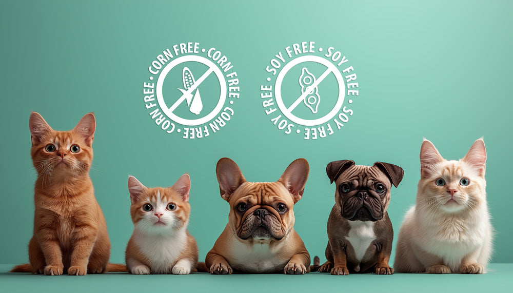 Five cats and dogs with 'Corn Free' and 'Soy Free' logos on a green background