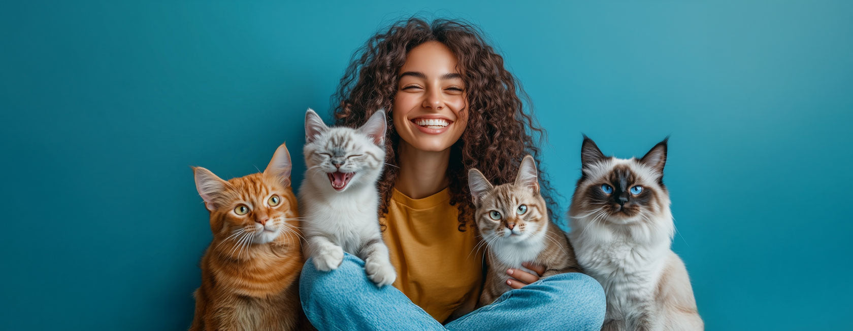 Woman sitting with four cats against a blue background.