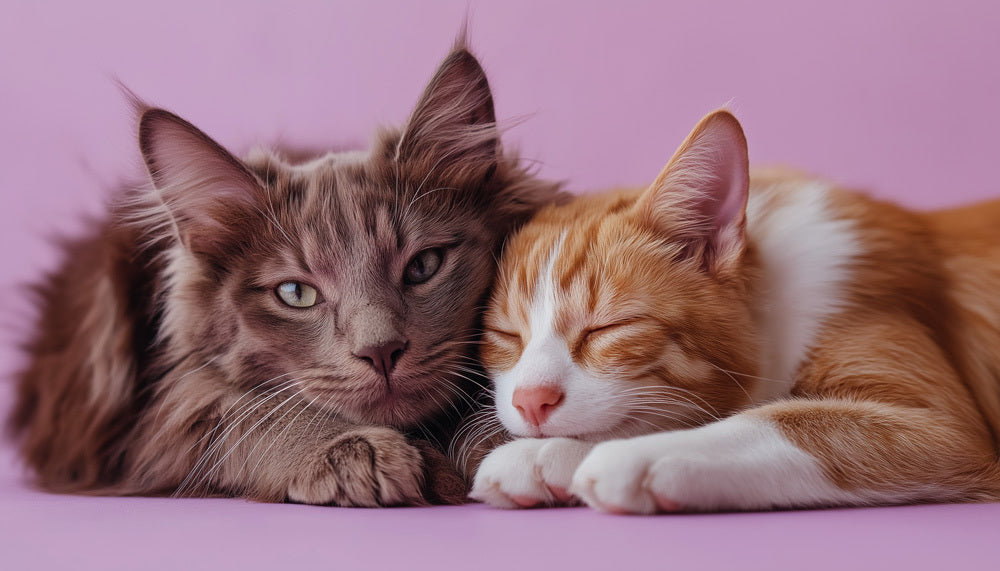 Two cats, one gray and one orange and white, lying on a pink background.