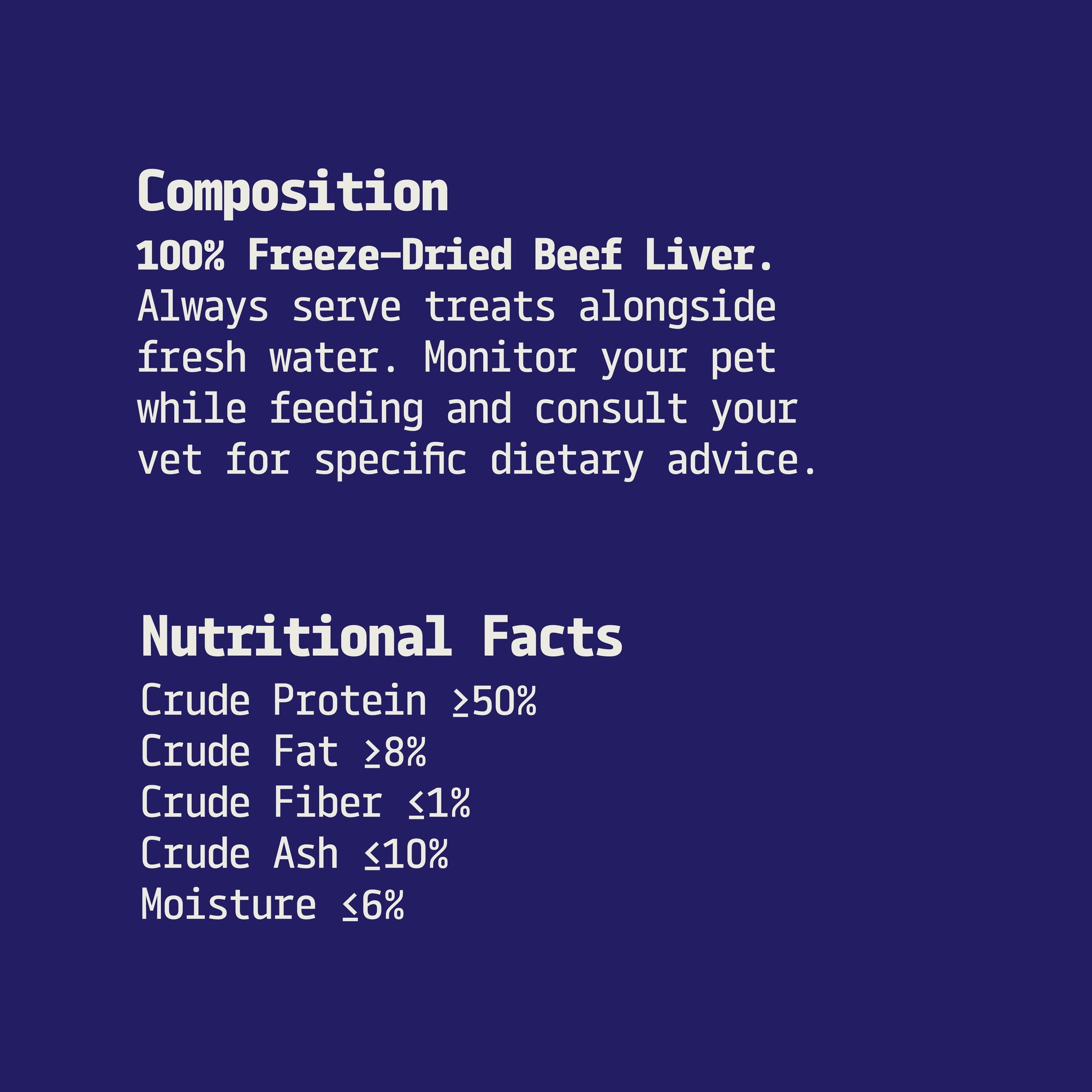 Text on a blue background providing composition and nutritional facts of freeze-dried beef liver treats.