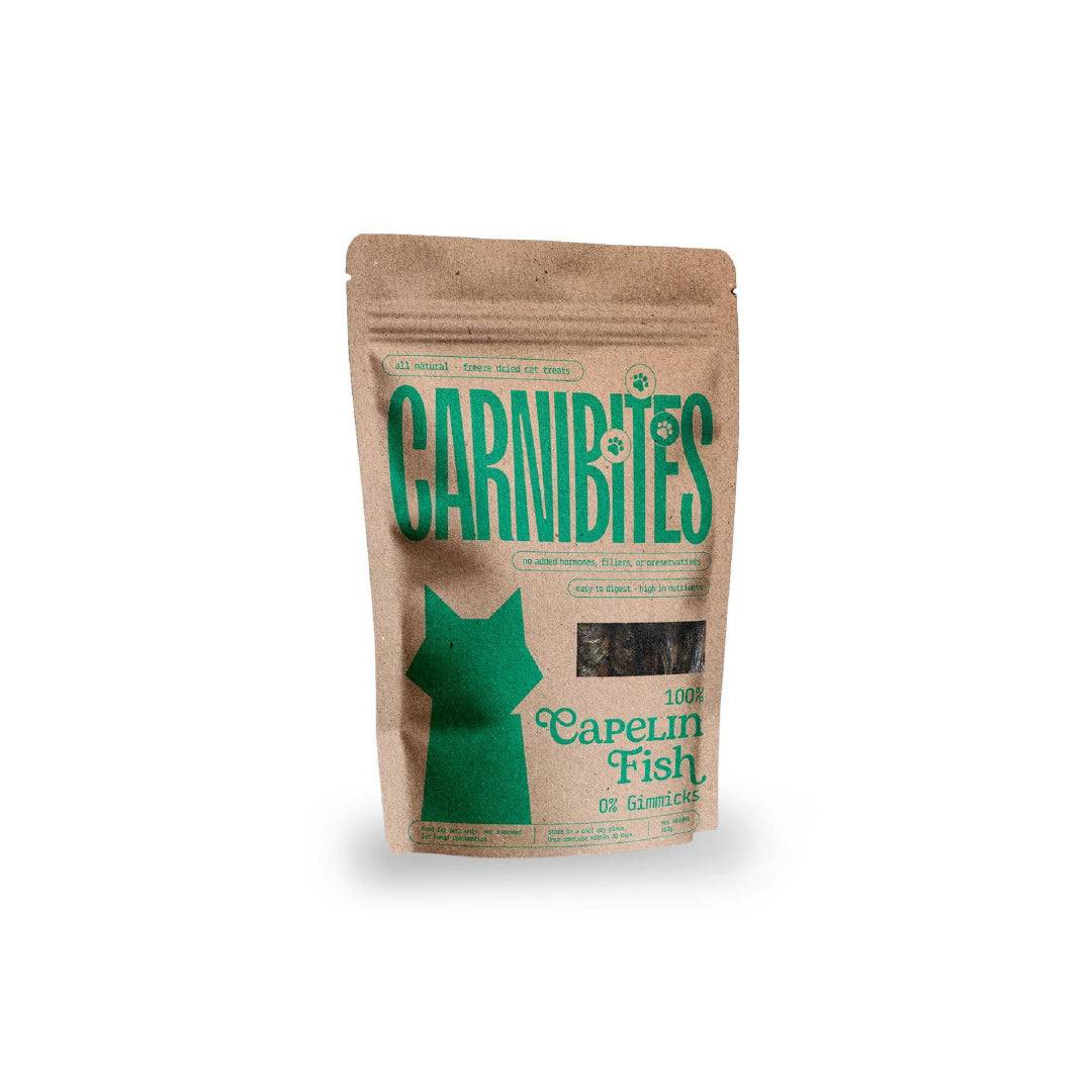 Carnibites capelin fish treat package on a white background.