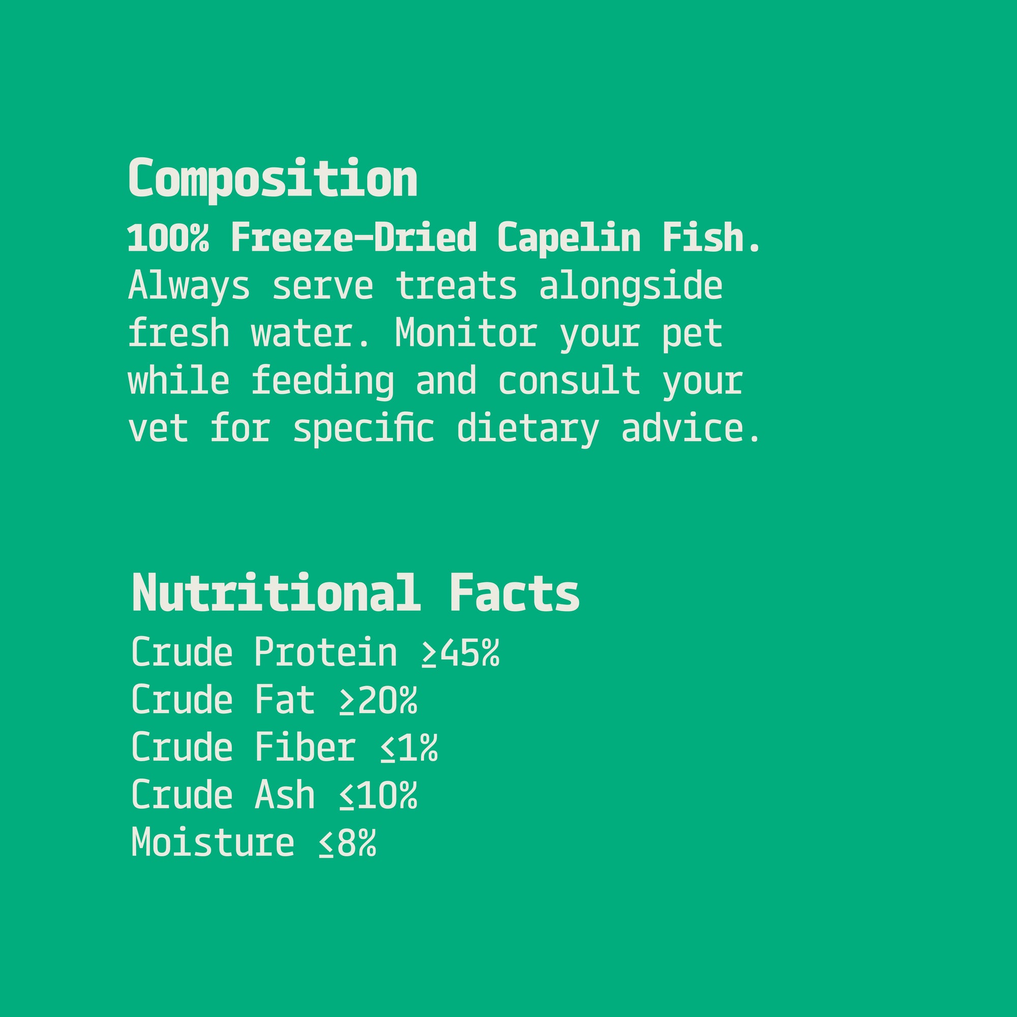 Text on a green background providing information about freeze-dried capelin fish treats for pets.
