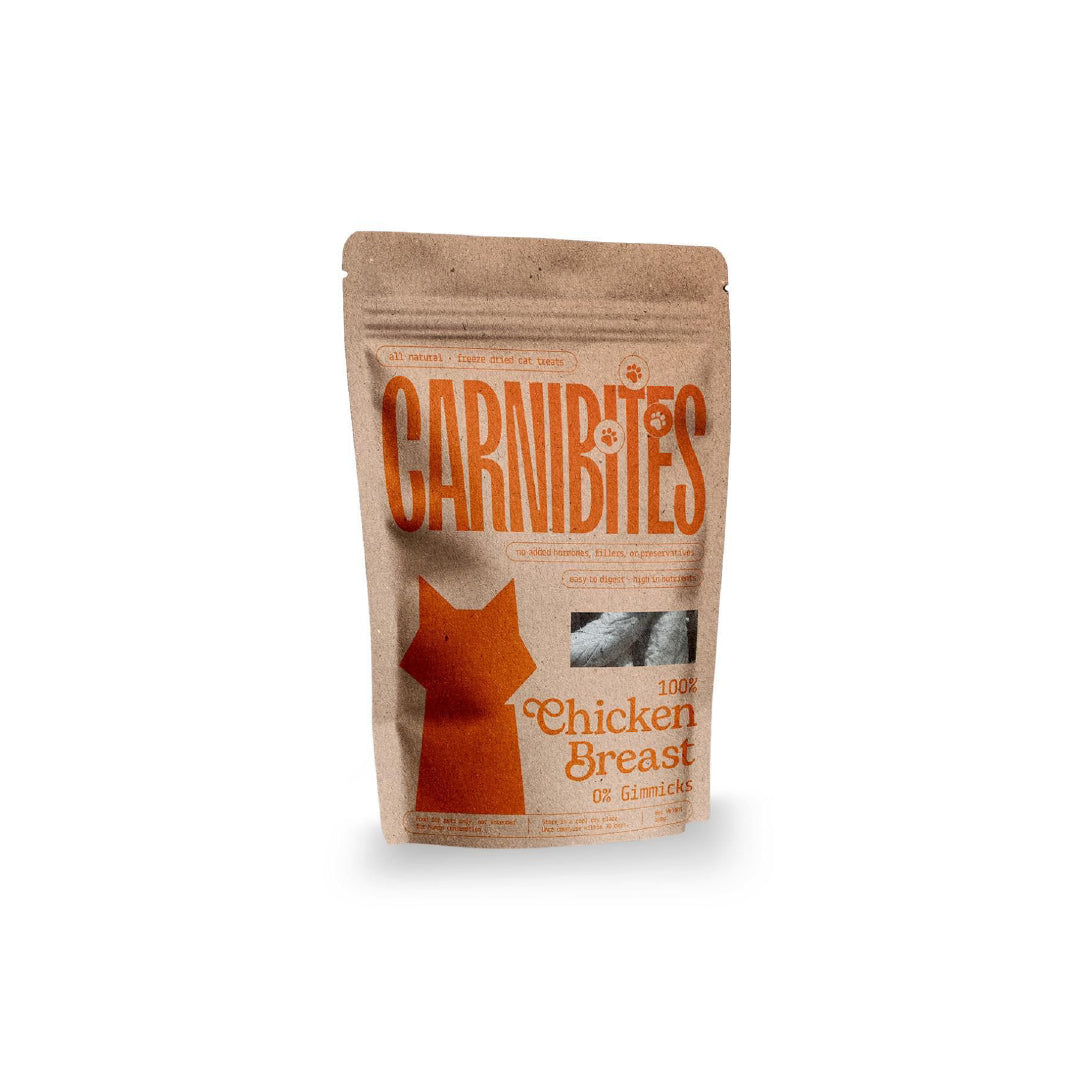 Package of Carnibites chicken breast cat treats on a white background.