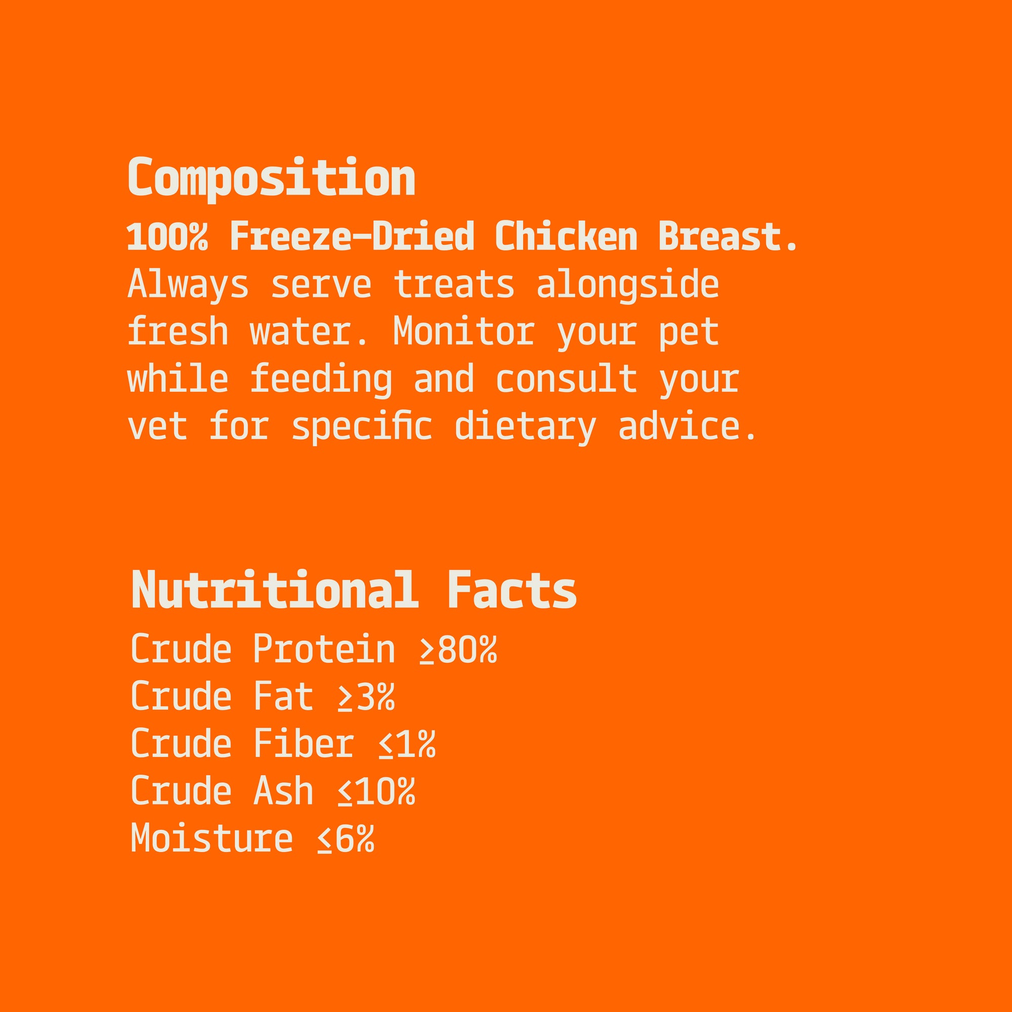 Text on an orange background providing information about freeze-dried chicken breast treats for pets.
