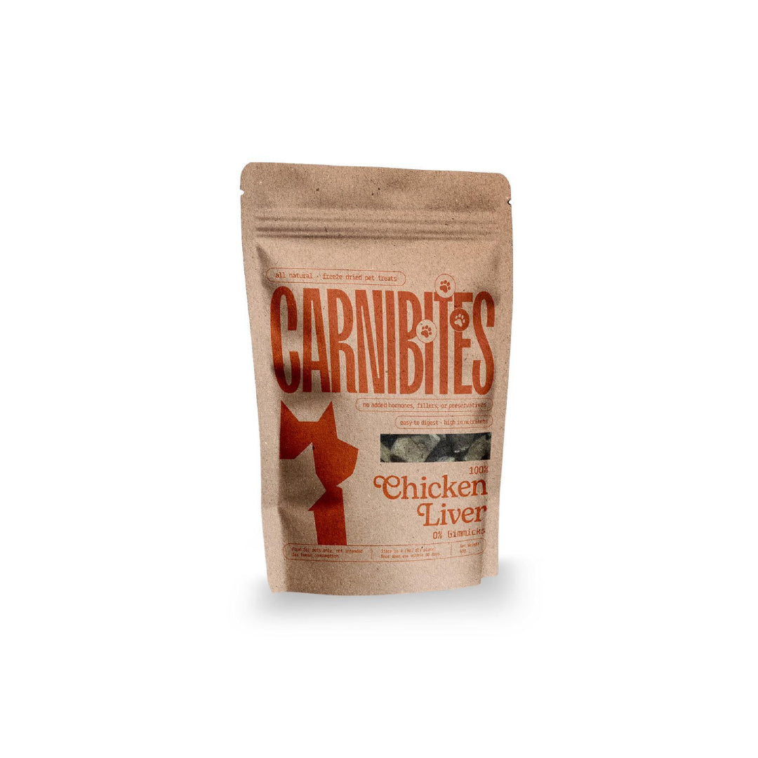 Carnivites chicken liver pet food package on a white background