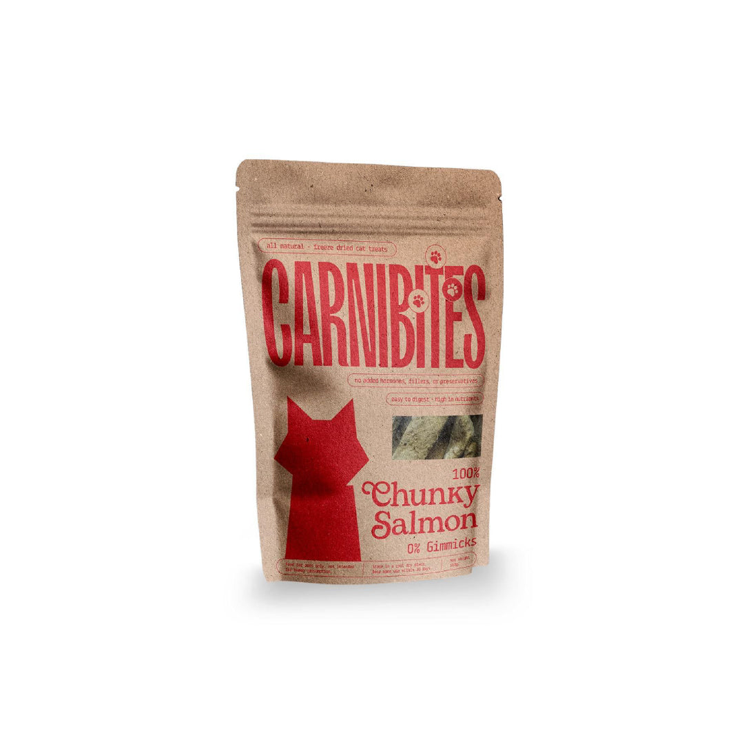 Carnibites Chunky Salmon pet treats package on a white background.
