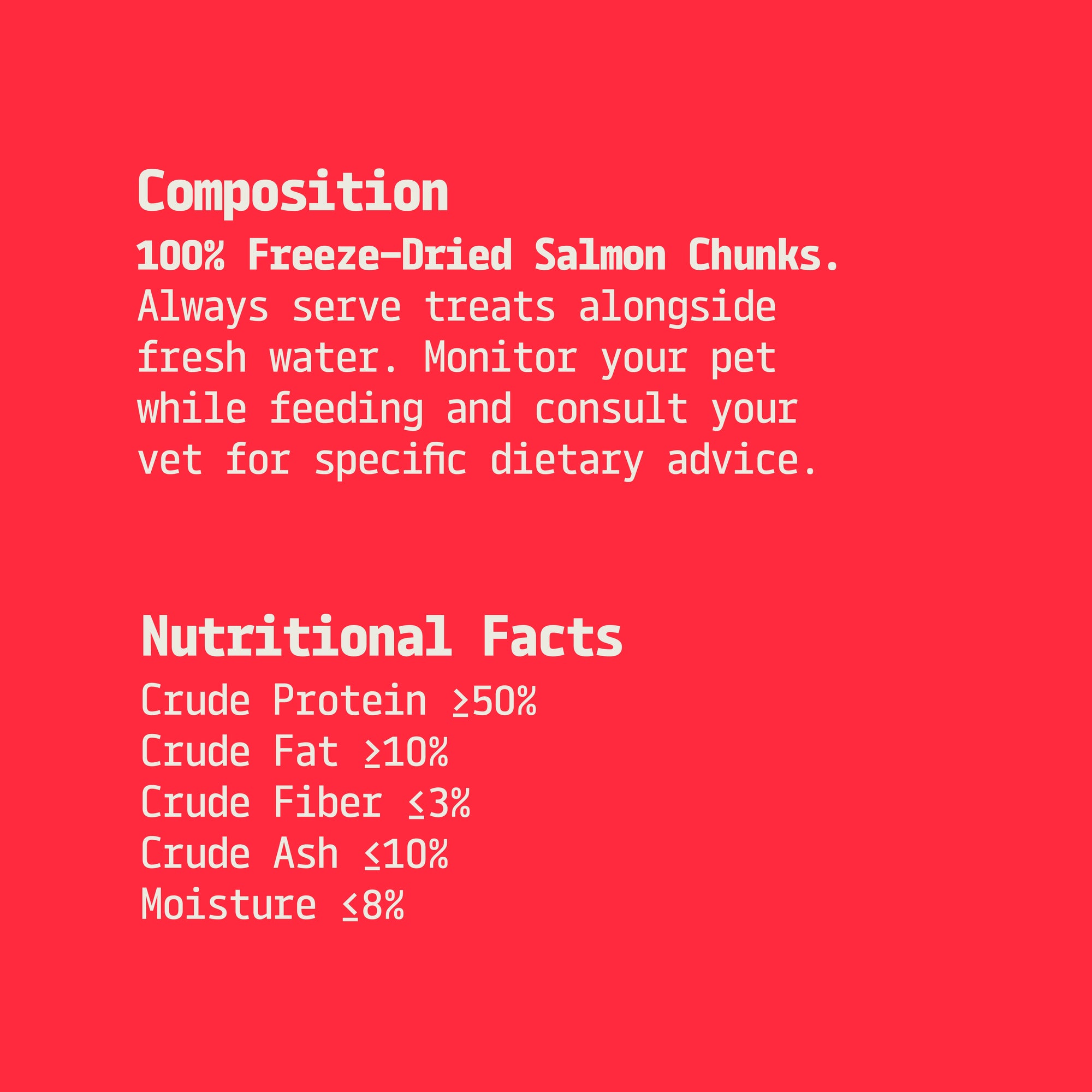 Text on a red background providing information about freeze-dried salmon chunks for pets.