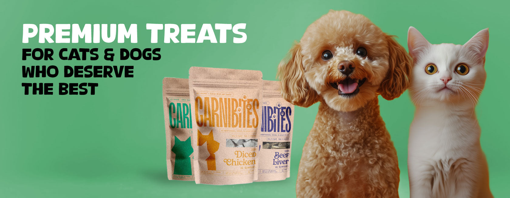 Dog and cat with premium Carnibites treats packaging on a green background.