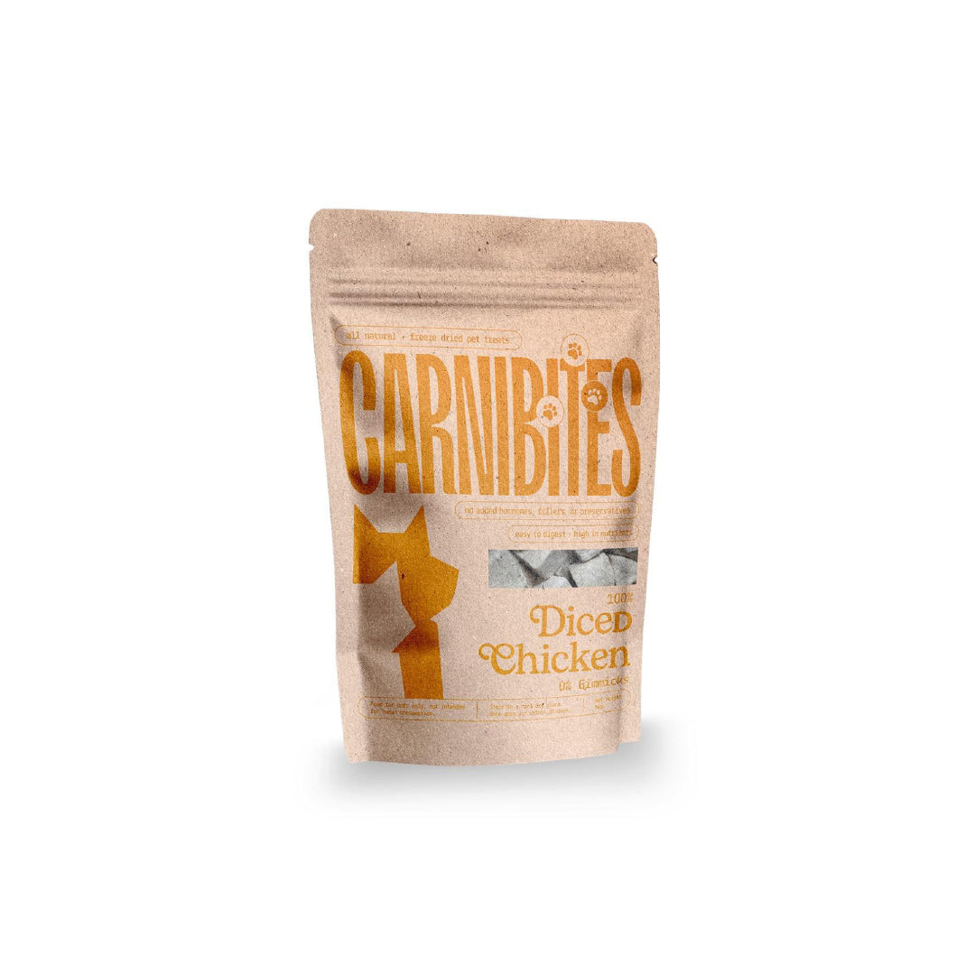 Carnibites diced chicken pet treat package with on a white background.