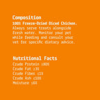 Text on an orange background providing information about freeze-dried diced chicken treats for pets.