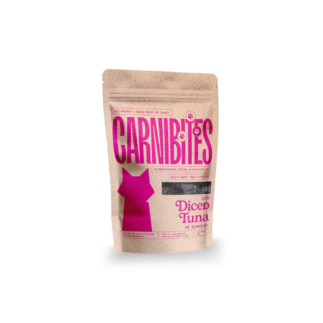 Package of Carnibites Diced Tuna cat food on a white background