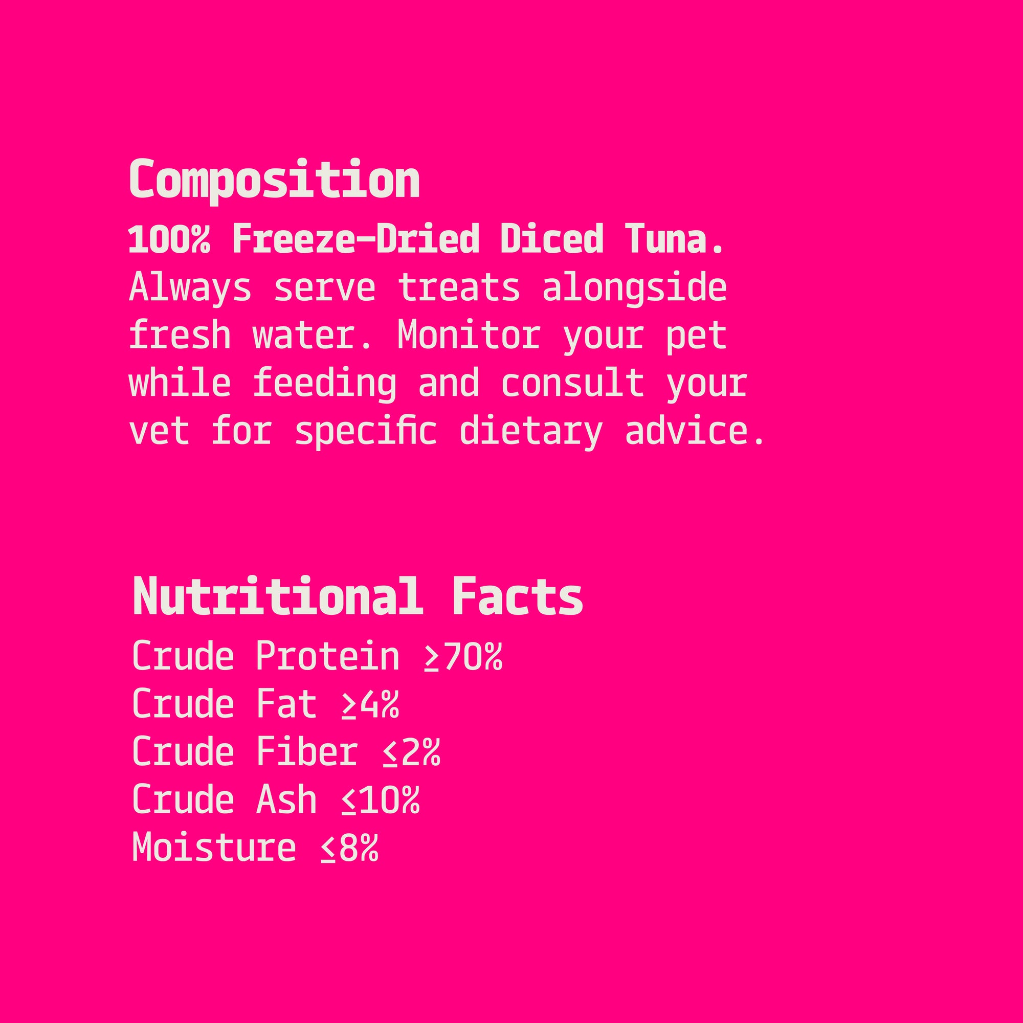 Text on a pink background providing information about freeze-dried diced tuna treats for pets.