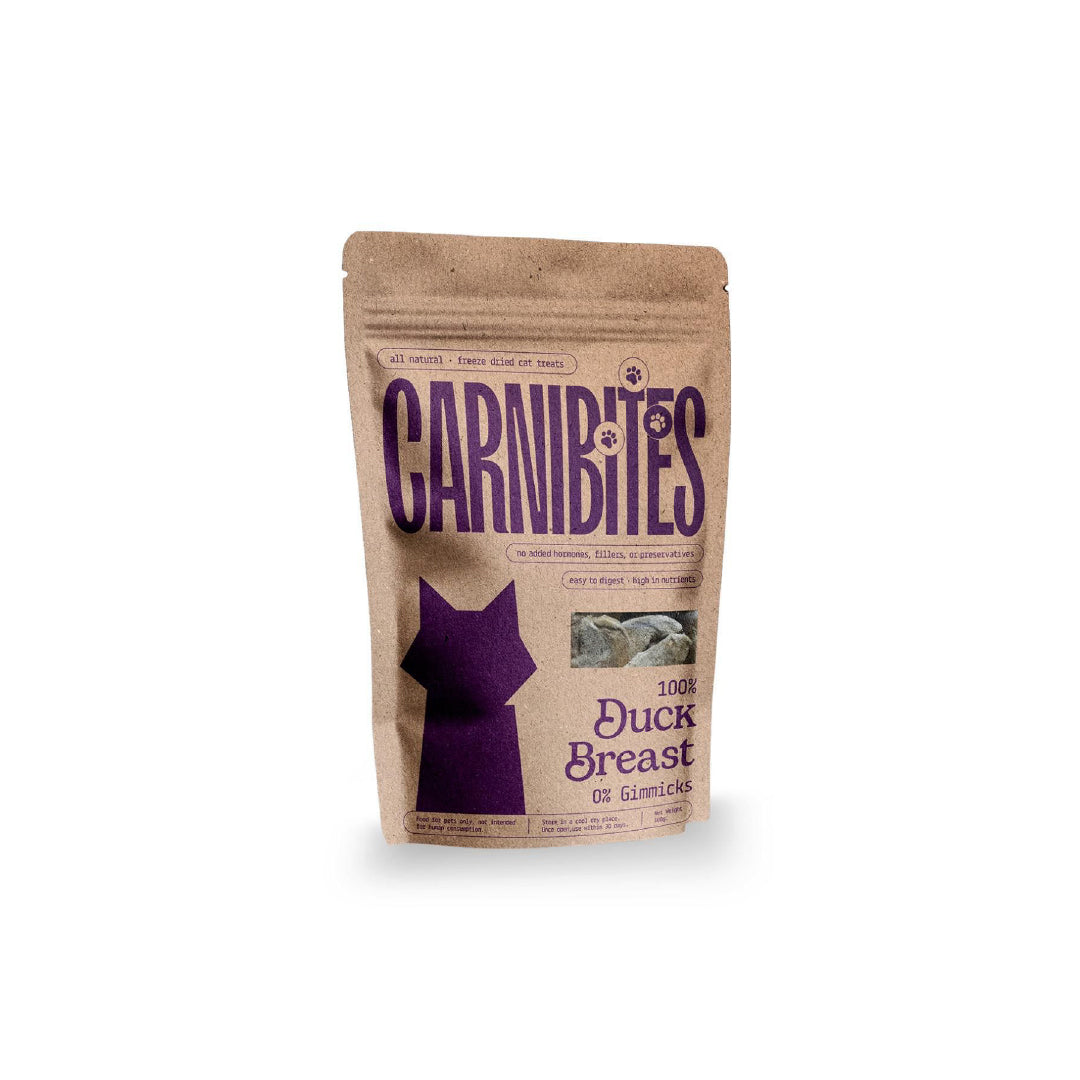 Carnibites duck breast cat treat package on a white background.