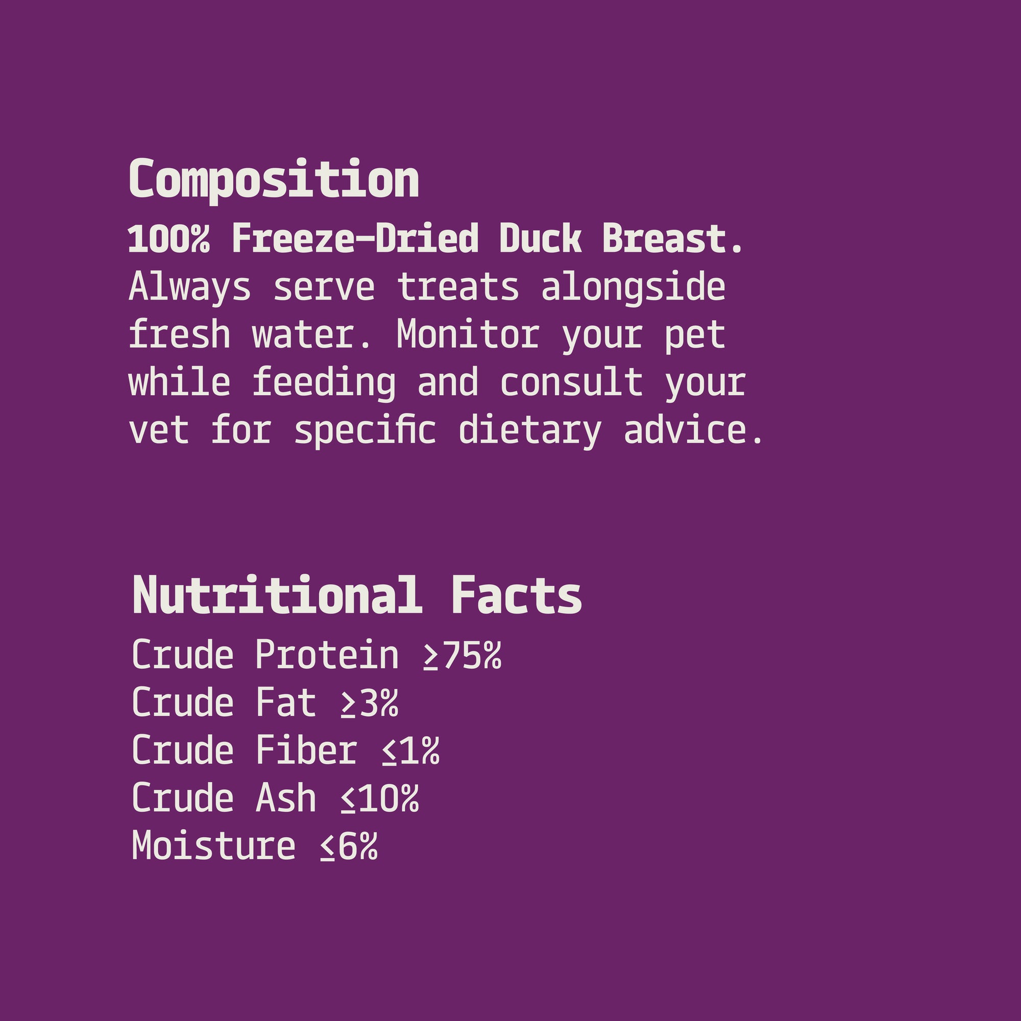 Text on a purple background providing information about freeze-dried duck breast treats for pets.