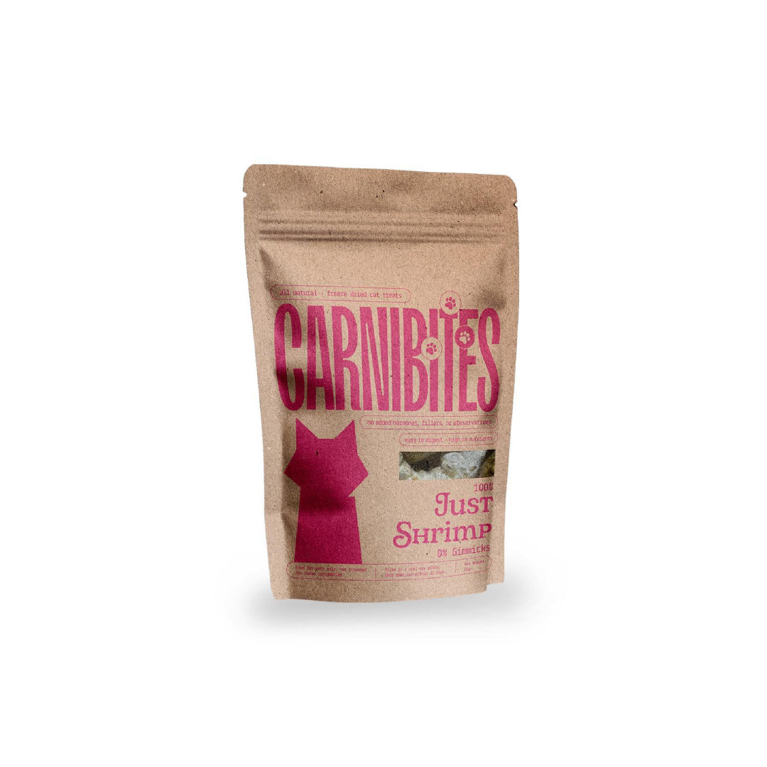 Carnibites Just Shrimp cat treat package on a white background.
