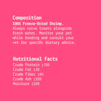 Text on a pink background providing information about freeze-dried shrimp treats for pets, including composition and nutritional facts.