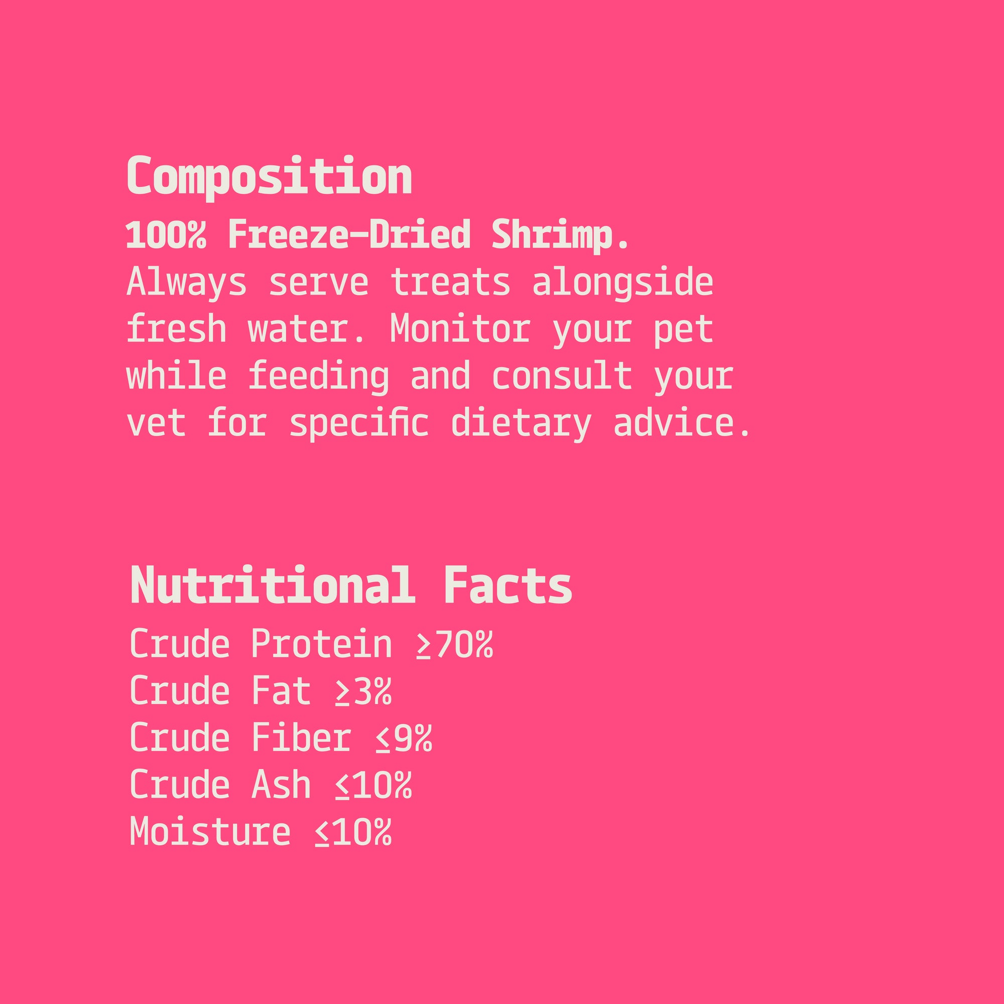 Text on a pink background providing information about freeze-dried shrimp treats for pets, including composition and nutritional facts.