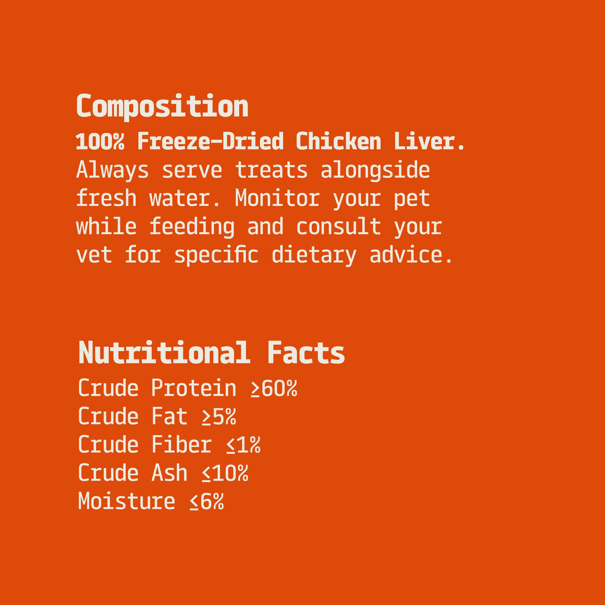 Text on an orange background providing information about freeze-dried chicken liver treats for pets.