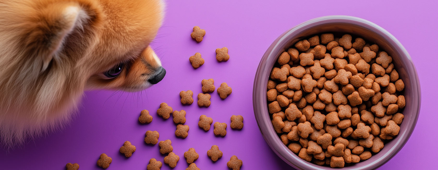 Dog looking at a bowl of kibble on a purple background.