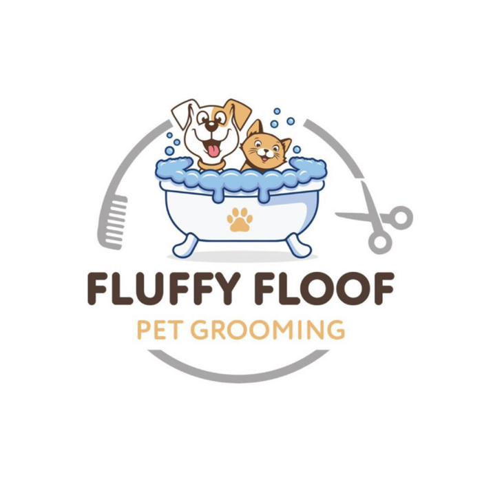 Logo for Fluffy Floof Pet Grooming with cartoon dog and cat in a bath.