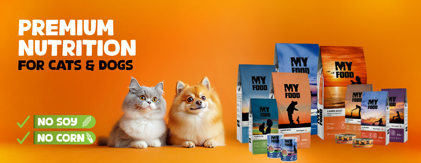 Dog and cat with MyFood pet food packaging on an orange background.