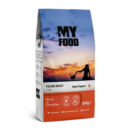 A bag of MyFood brand adult cat dry food with a picture of a cat and a sunset in the background. The bag indicates the food includes lamb and rice and is crafted for digest support.