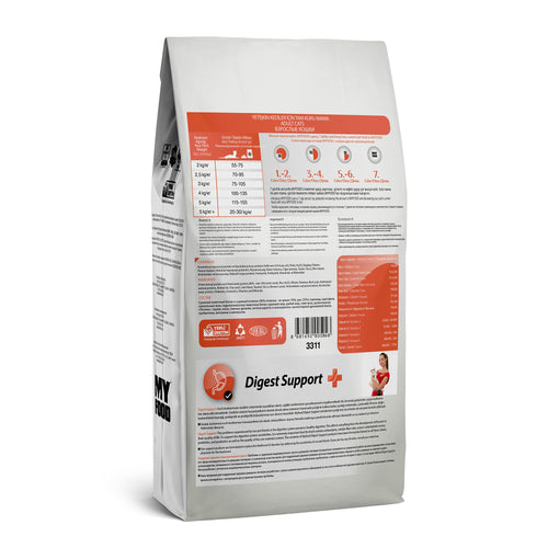 The back of the MyFood digest support and lamb & rice flavored dry cat food 1.5kg bag.