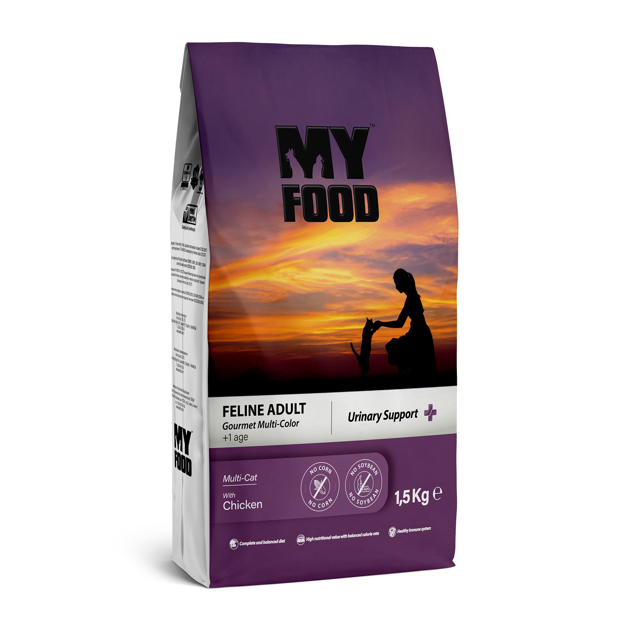 A bag of MyFood brand adult cat dry food with chicken, labeled 'Feline Adult' and indicating Urinary Support. The package is purple and features an image of a person with a cat on a sunset background.