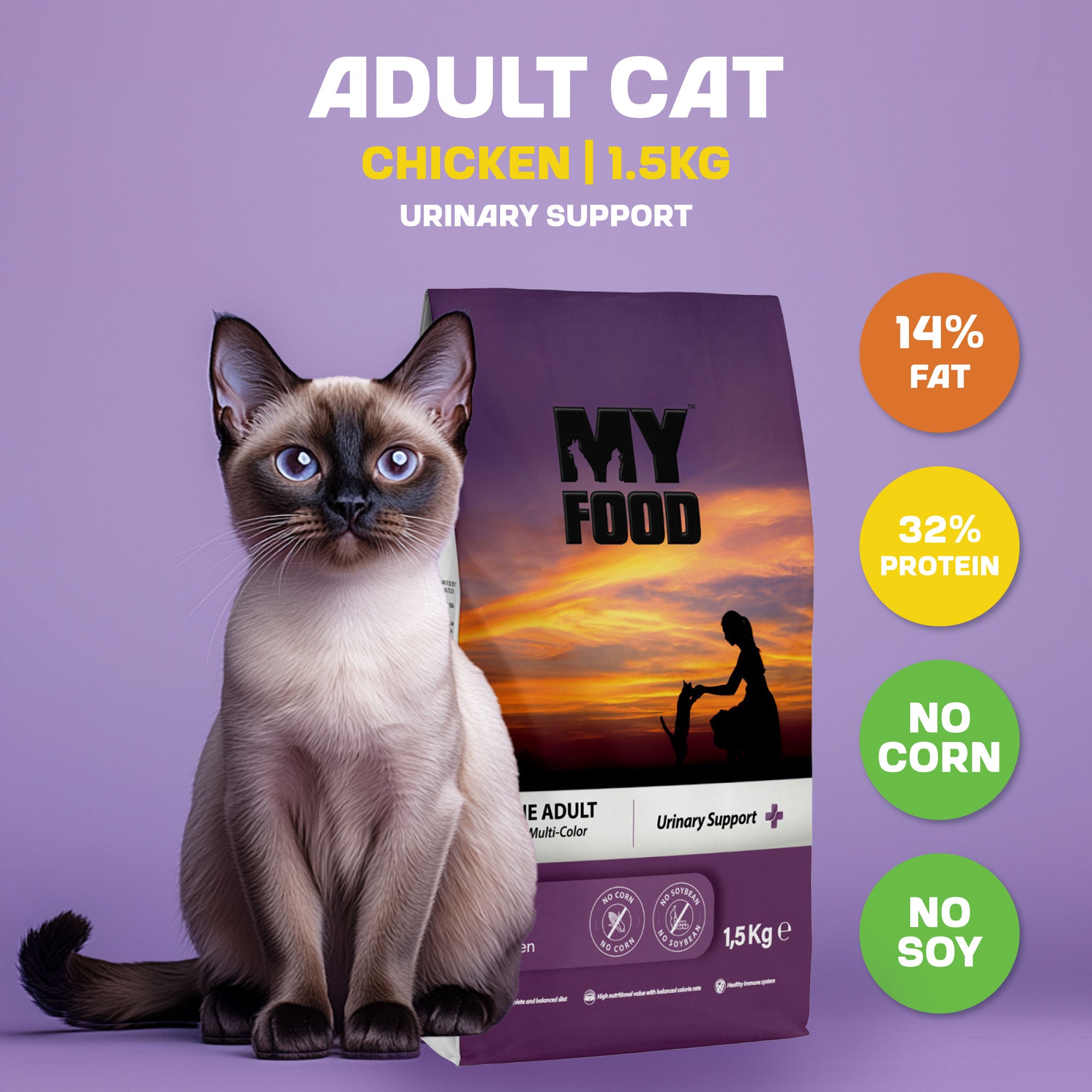 A cat sitting in front of a 1.5kg bag of MyFood dry cat food with urinary support and chicken flavor, with infographics detailing its composition such as fat and protein percentage.