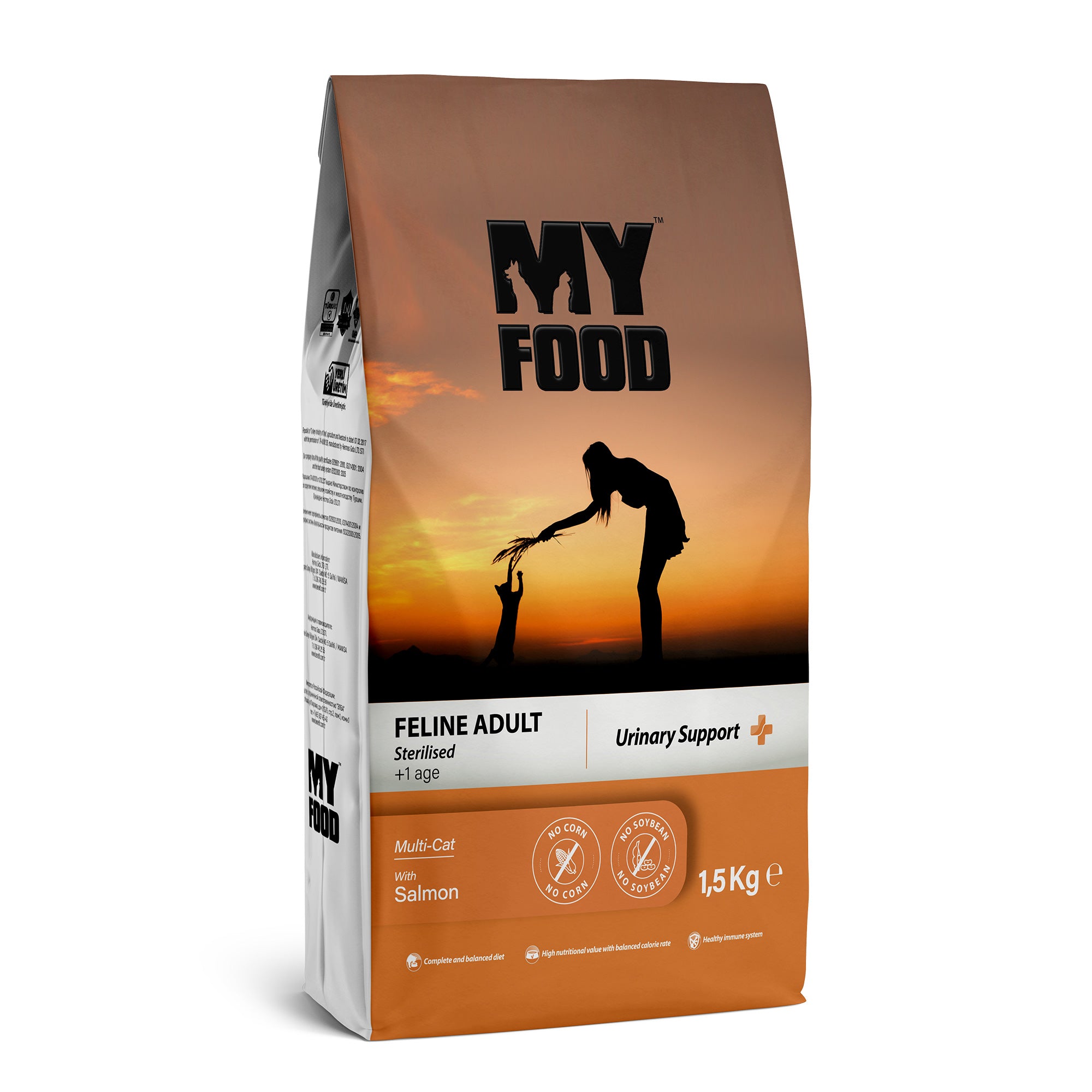 A bag of MyFood brand adult cat dry food with salmon, indicating urinary support. The package is colored in white and brown with an image of a person and a cat, and it is labeled with the product details.