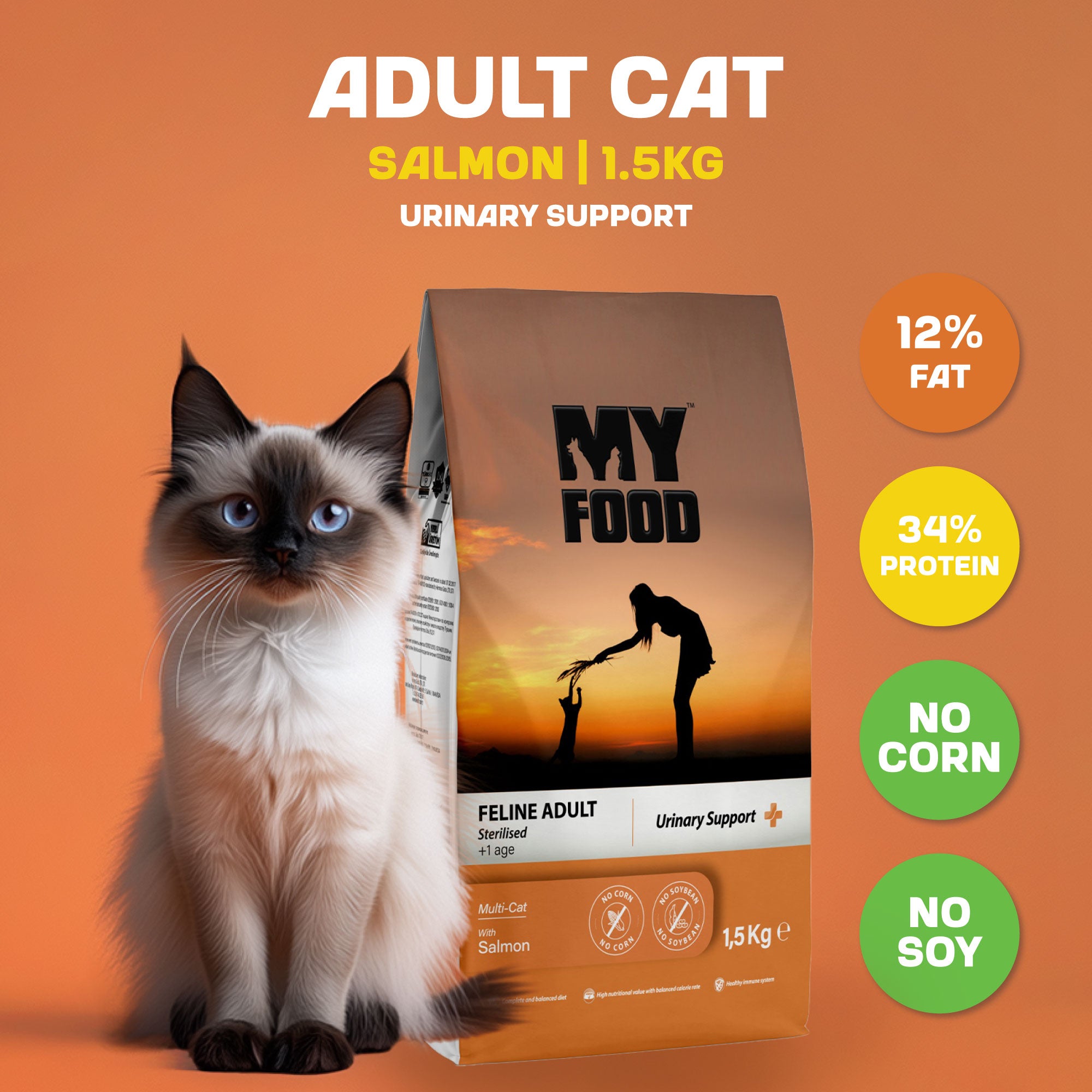 A white and dark brown cat sitting next to a 1.5kg bag of MyFood dry cat food with urinary support and salmon flavor, with infographics about composition detailing fat and protein contents.