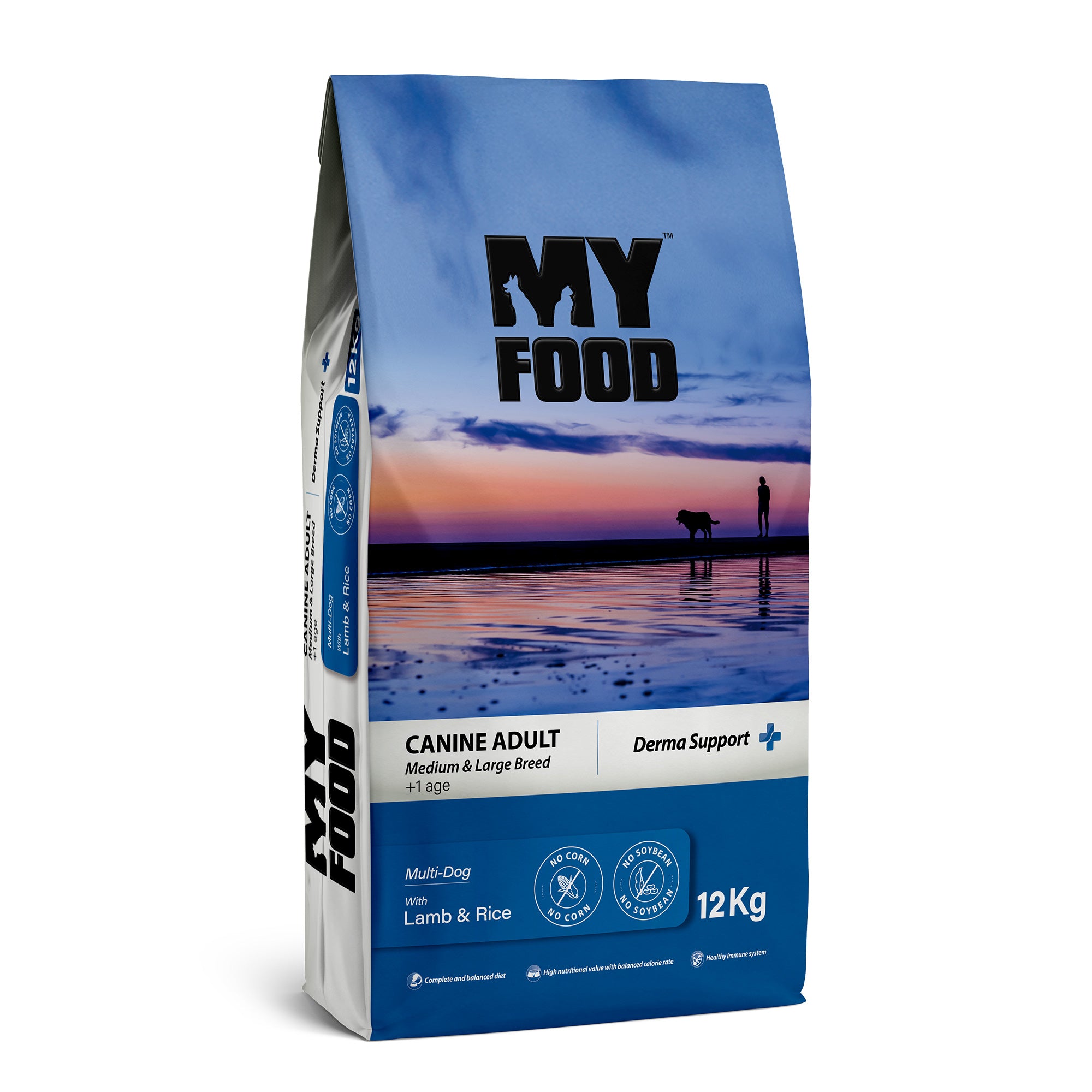 A bag of MyFood brand adult dog dry food with a picture of a dog and a sunset in the background.