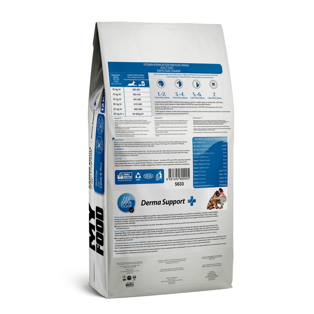 The back of a bag of MyFood's dry dog food for medium and large breeds, with derma support and lamb & rice flavor, detailing its daily feed guide, composition and more.